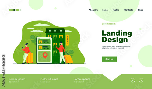 Happy tourists choosing hotel and booking room online flat vector illustration. People doing search or making choice of hostel and apartments via internet. Trip, vacation and accommodation concept