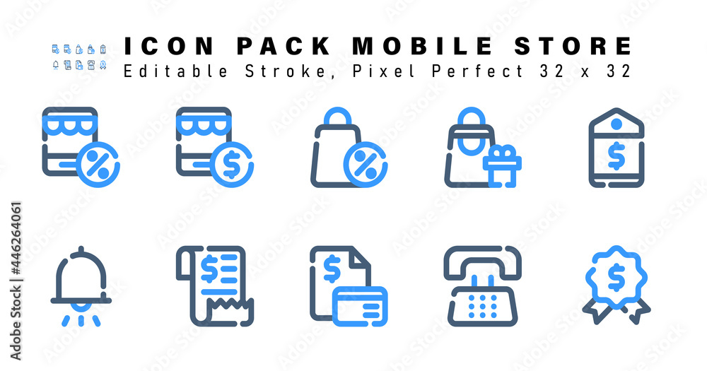 Icon Set of Mobile Store Two Color Icons. Contains such Icons as Price Label, Notification, Receipt, Bill Payment etc. Editable Stroke. 32 x 32 Pixel Perfect