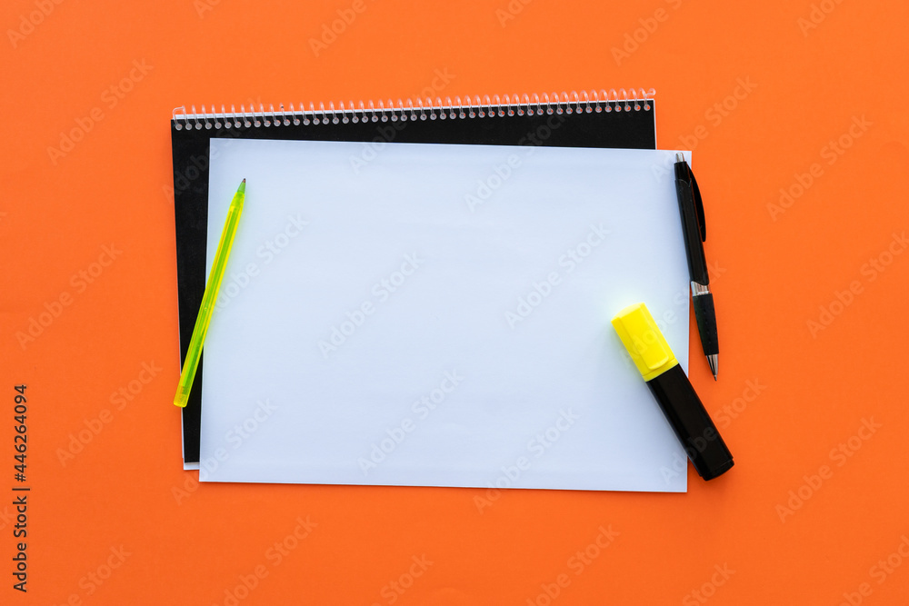 Blank sheet of paper with highlighter and pens. Concept of idea and creativity.