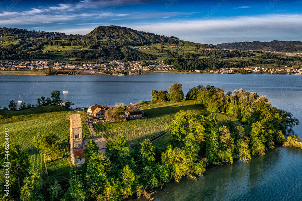 aerial view of a island in lake zurich 