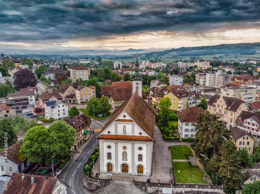 aerial view of the church in a swiss town 