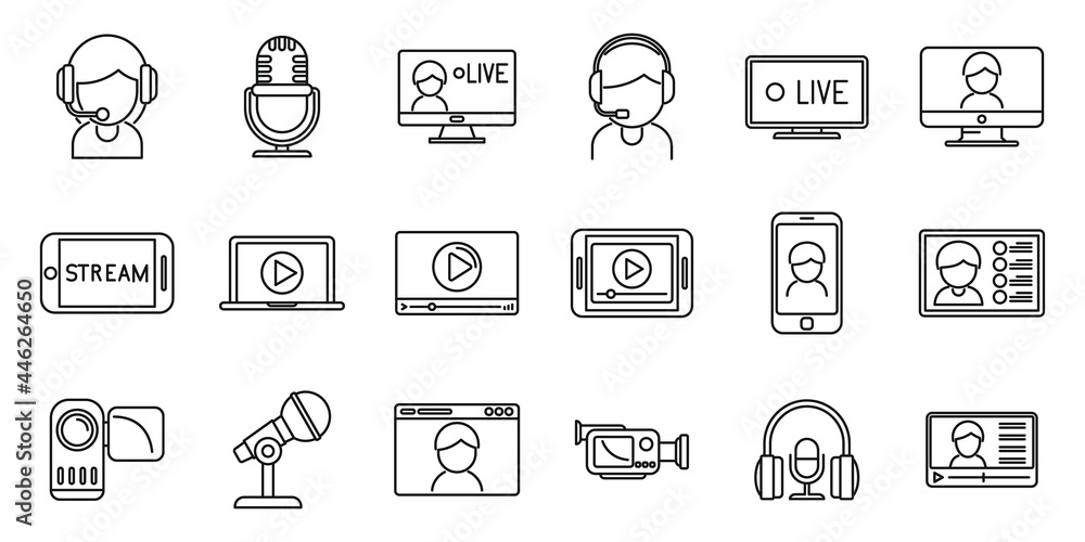 Live streaming icons set outline vector. Video stream Live streaming icons set outline vector. Video stream