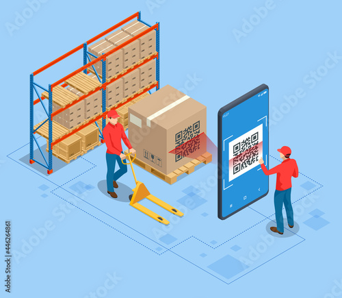 Isometric Smart warehouse management system. Concept of automatic logistics management. Packages are transported in high-tech Settings, Online shopping