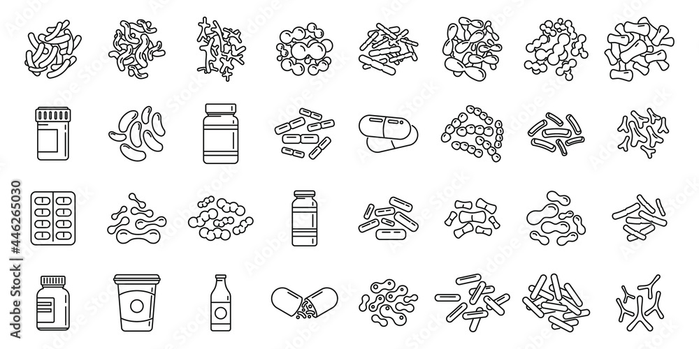 Probiotics microbiology icons set outline vector. Stomach bacteria