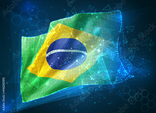 Brazil,  vector flag, virtual abstract 3D object from triangular polygons on a blue background photo