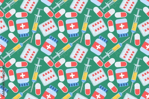 health medicine instrument repeat seamless pattern doodle cartoon style wallpaper background vector illustration
