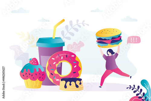 Fat girl runs to eat different fast food. Female character addicted to takeaway food. Overweight woman carries big hamburger