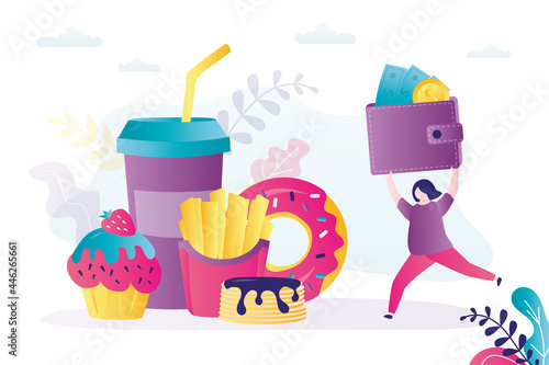 Fat woman with wallet runs to pay for fast food. Various takeaway food. Concept of unhealthy lifestyle and obesity problem