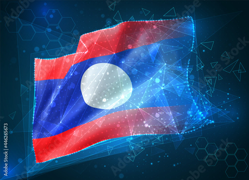 Laos,  vector flag, virtual abstract 3D object from triangular polygons on a blue background