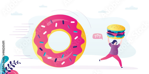 Female character cannot cope with fast food addiction. Donut rolls on a fat woman. Overweight girl carries hamburger