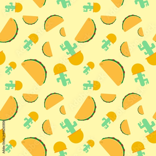 tasty yellow mexico tacos cactus repeat seamless pattern doodle cartoon style wallpaper vector illustration