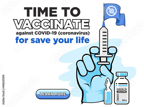Landing page for coronavirus vaccination site. Drug preparations, vaccine, medical hand with syringe with needle on transparent background. Vector