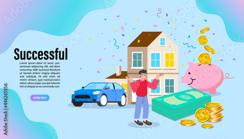 Financial success and wealth management concept. A happy man celebrates achieving his goals: buying a new house, a car, and having a lot of money from savings and investments. Vector landing page.