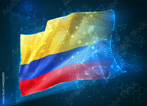 Colombia,  vector flag, virtual abstract 3D object from triangular polygons on a blue background