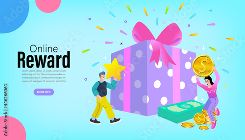 Woman and Man Standing near Gift Box. People Characters Receiving Online Reward. Loyalty reward points for purchase cashback program. Earn and get bonus signs. Vector Illustration. 