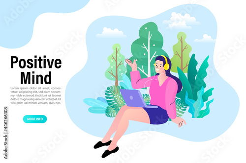 People sitting and working in nature. Woman with laptop in stress-free atmosphere and conducive psychological climate. Happy employee working in positive environment and good conditions. 