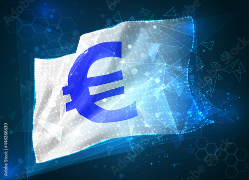 euro currency vector flag, virtual abstract 3D object from triangular polygons on a blue background