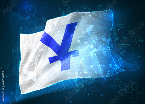 yen currency, vector flag, virtual abstract 3D object from triangular polygons on a blue background photo