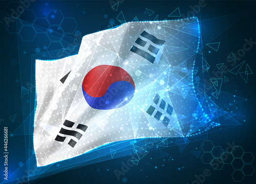 Korea,  vector flag, virtual abstract 3D object from triangular polygons on a blue background