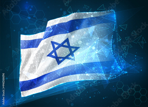 Israel,  vector flag, virtual abstract 3D object from triangular polygons on a blue background