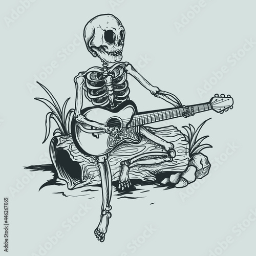 tattoo and t shirt design black and white hand drawn skeleton with guitar