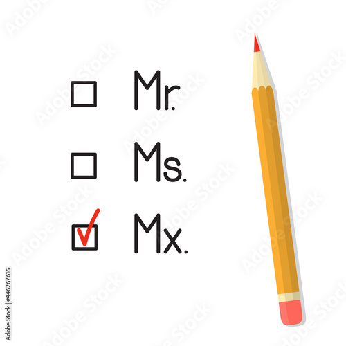 Check boxes with three title options. Red tick against the gender neutral honorific Mx photo