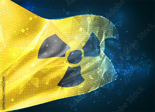 radiation sign on a yellow background in 3d vector flag, virtual abstract 3D object from triangular polygons on a blue background