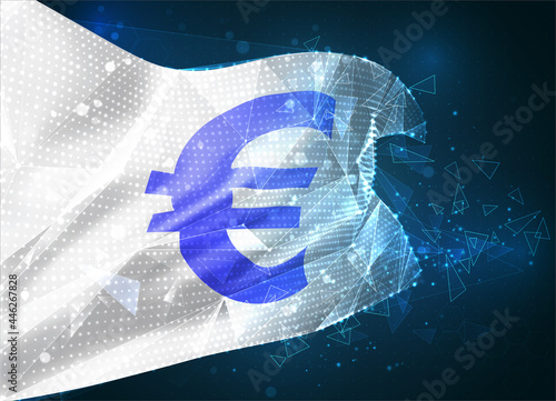 euro currency vector flag, virtual abstract 3D object from triangular polygons on a blue background