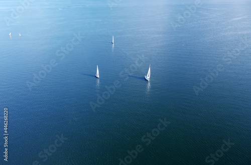 Aerial view of white yachts with sail. Ships in the blue sea