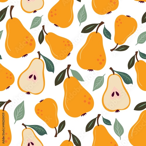 Decorative seamless pattern with pears and leaves on white background


