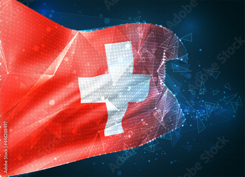 Switzerland, vector flag, virtual abstract 3D object from triangular polygons on a blue background