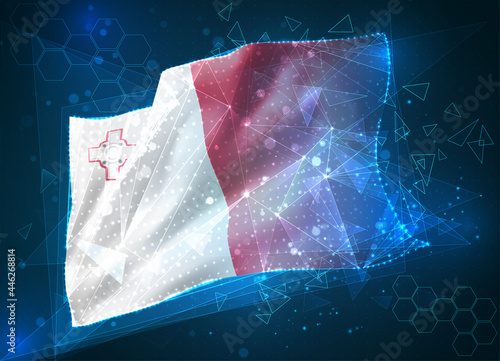 Malta, vector flag, virtual abstract 3D object from triangular polygons on a blue background