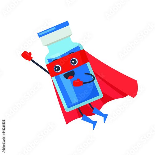 Сartoon vaccine or antivirus in superhero costume. Health care, vaccination, covid pandemic. Cute flying vaccine bottle in super hero cloak and mask. Vector illustration.