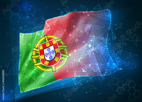Portugal, vector flag, virtual abstract 3D object from triangular polygons on a blue background