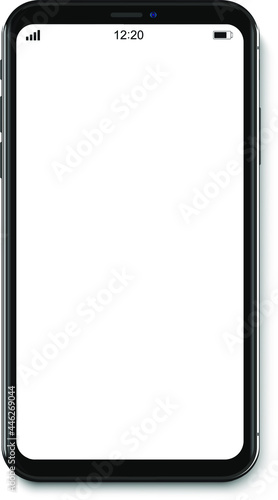 Smartphone mockup with blank screen. Black vector frameless smart phone, cellphone isolated on white background.