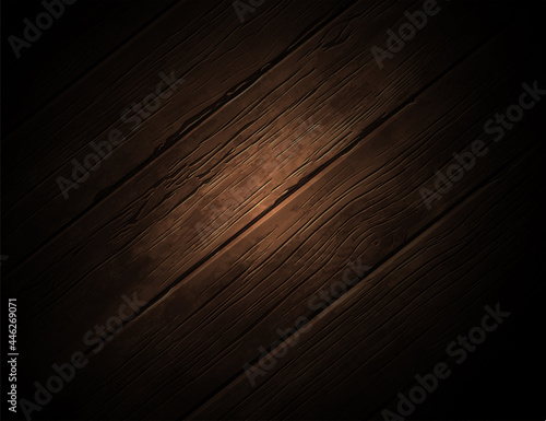 Dark wood background with a bright spot of light in the middle. Very realistic illustration. Vector abstract.