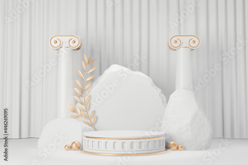 Cosmetic display product stand, Gold white roman style round cylinder podium with stone rock and olive leaf on white curtain background. 3D rendering illustration