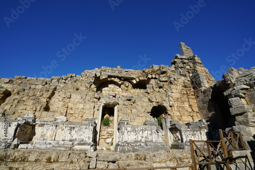 Ruins of the ancient amphitheater in Perge. Perge theatre was constructed in the Greco-Roman style. Perge is an ancient Greek city in Antalya on the southern Mediterranean coast of Turkey.