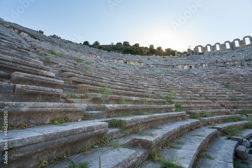 Ruins of the ancient amphitheater in Perge. Perge theatre was constructed in the Greco-Roman style. Perge is an ancient Greek city in Antalya on the southern Mediterranean coast of Turkey.