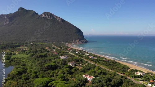 The beach of Sabaudia, the lake of Paola and the profile of the sorceress Circe.
The famous beach of Sabaudia with its luxurious villas on the sea. Aerial view.