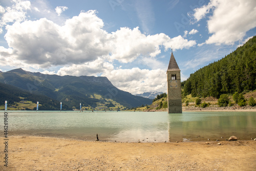 Submerged Bell Tower of Curon at Graun at Vinschgau on Lake Reschen in South Tyrol, Italy