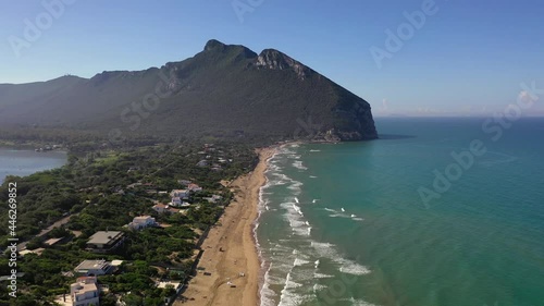 The beach of Sabaudia, the lake of Paola and the profile of the sorceress Circe.
The famous beach of Sabaudia with its luxurious villas on the sea. Aerial view.
