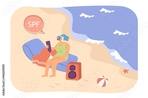 Girl sitting on beach, using SPF cream flat vector illustration. Happy woman in swimsuit caring about her health. Sunscreen, protection, summer, sea resort, skincare concept © SurfupVector