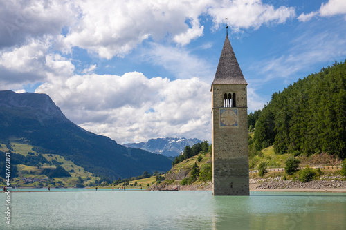 Submerged Bell Tower of Curon at Graun at Vinschgau on Lake Reschen in South Tyrol  Italy