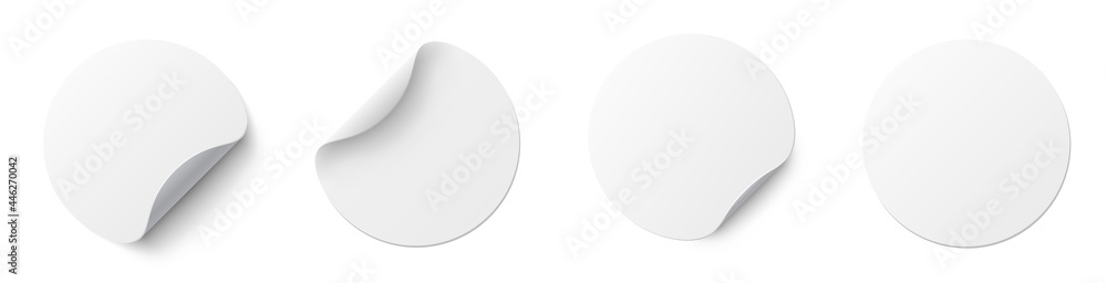 Realistic set white round paper adhesive stickers mockup with curved corner and shadow. White round sticker on white background - stock vector. - obrazy, fototapety, plakaty 