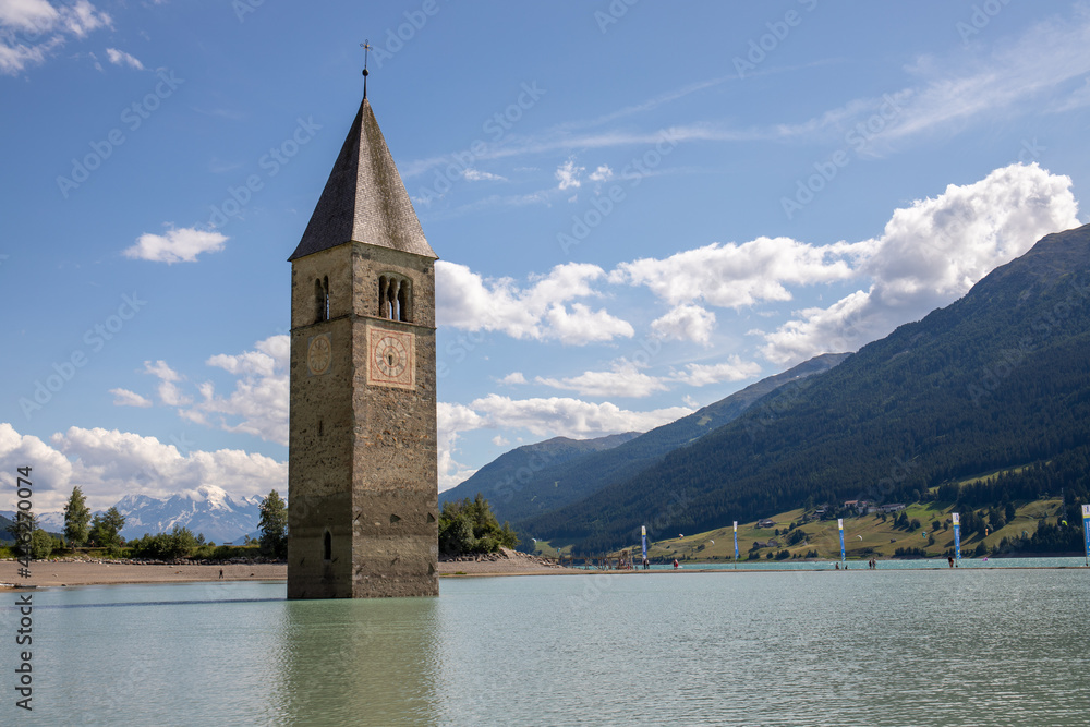Submerged Bell Tower of Curon at Graun at Vinschgau on Lake Reschen in South Tyrol, Italy