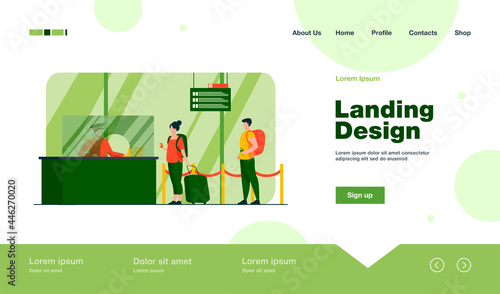 Travelers standing in queue for flight registration. Baggage, line, ticket flat vector illustration. Airlines and traveling concept for banner, website design or landing web page