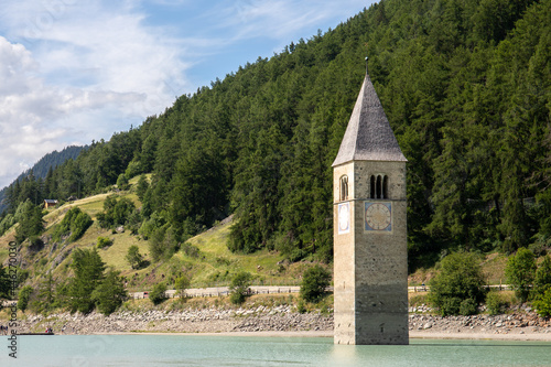 Submerged Bell Tower of Curon at Graun at Vinschgau on Lake Reschen in South Tyrol, Italy