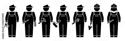 Ensemble de silhouettes d’ouvriers (6 hommes et 1 femme) avec dans la main l’outil correspondant à leur métier.