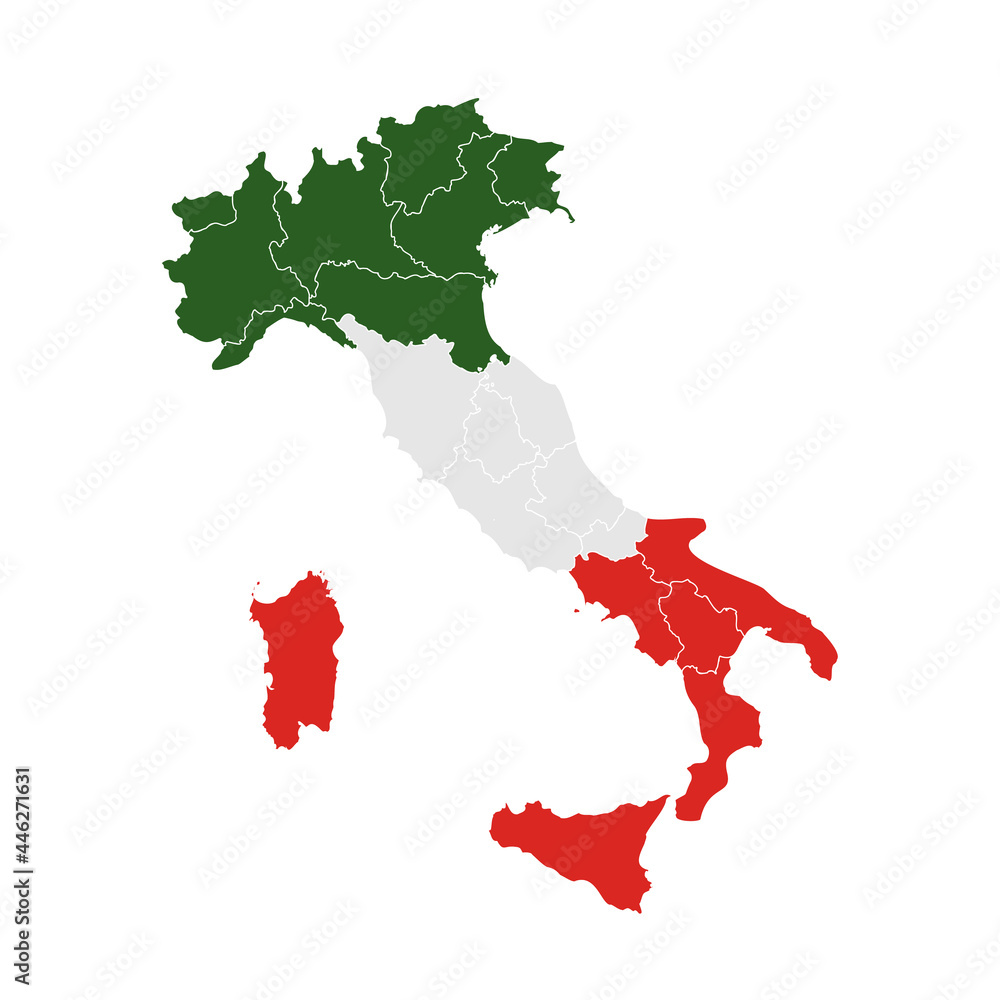 Map and flag of Italy isolated on white background. Regions map of Italy. Vector stock